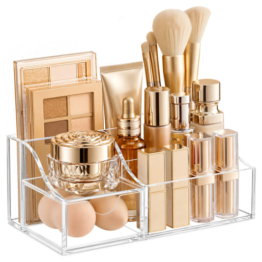 HBlife Makeup Organizer with Drawer – Cosmetic Storage for Vanity, Bathroom Countertop & Dresser, Skincare Organizer with Brush Holder, Beauty Display Case, Clear