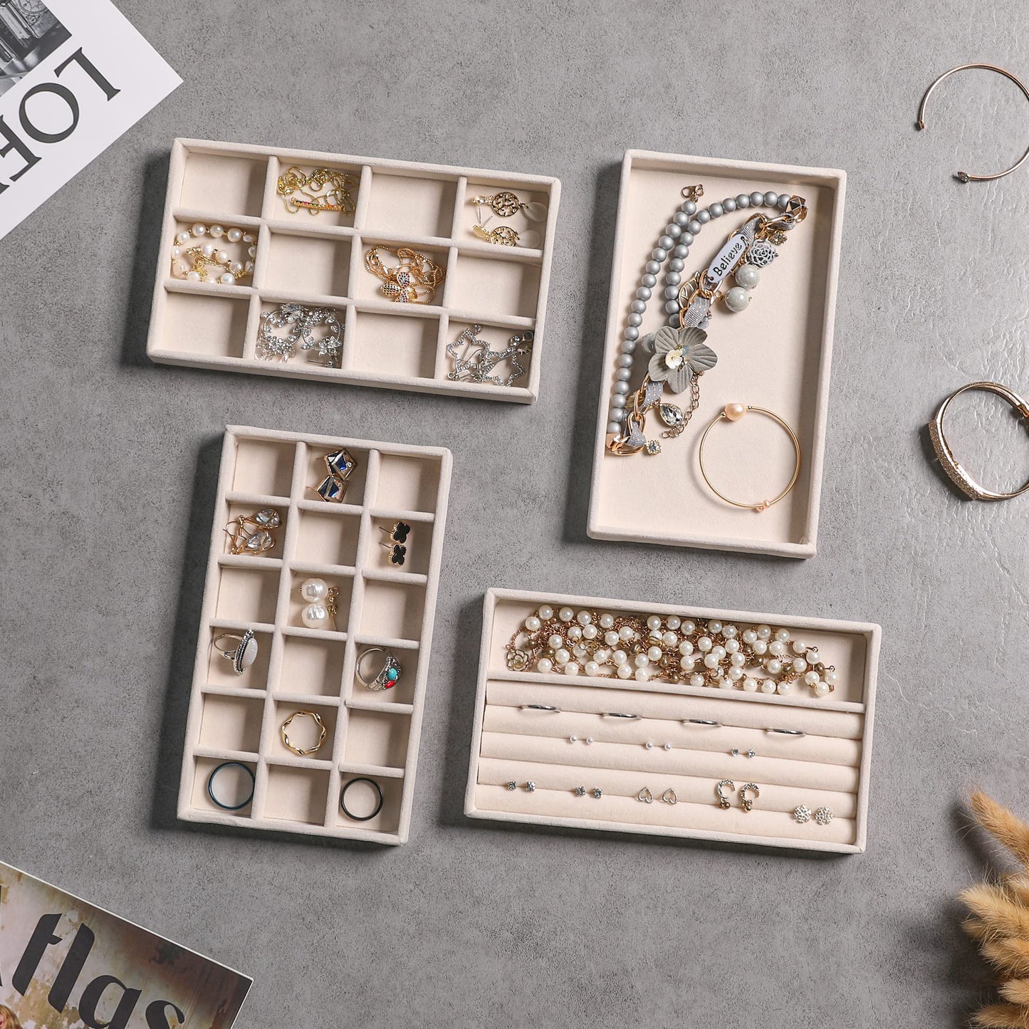 Frebeauty Jewelry Organizer Tray,Stackable Velvet Jewelry Trays,Drawer Inserts Earring Organizer For Women Jewelry Storage Display Case for Rings Stud Necklaces,Set of 9(Beige)