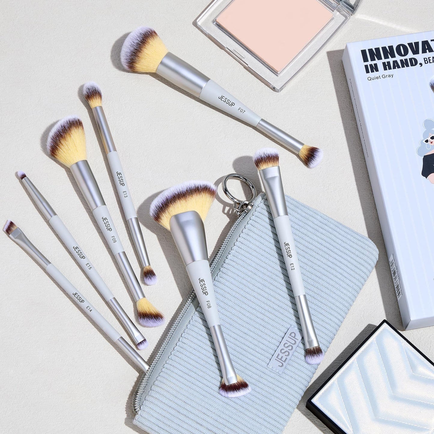 Jessup Makeup Brushes Set 7pcs Dual Ended Makeup Brush Premium Synthetic Foundation Contour Blush Highlight Blending Eyebrow Eyeshadow Shader Concealer Brush with Bag, Quiet Gray T520