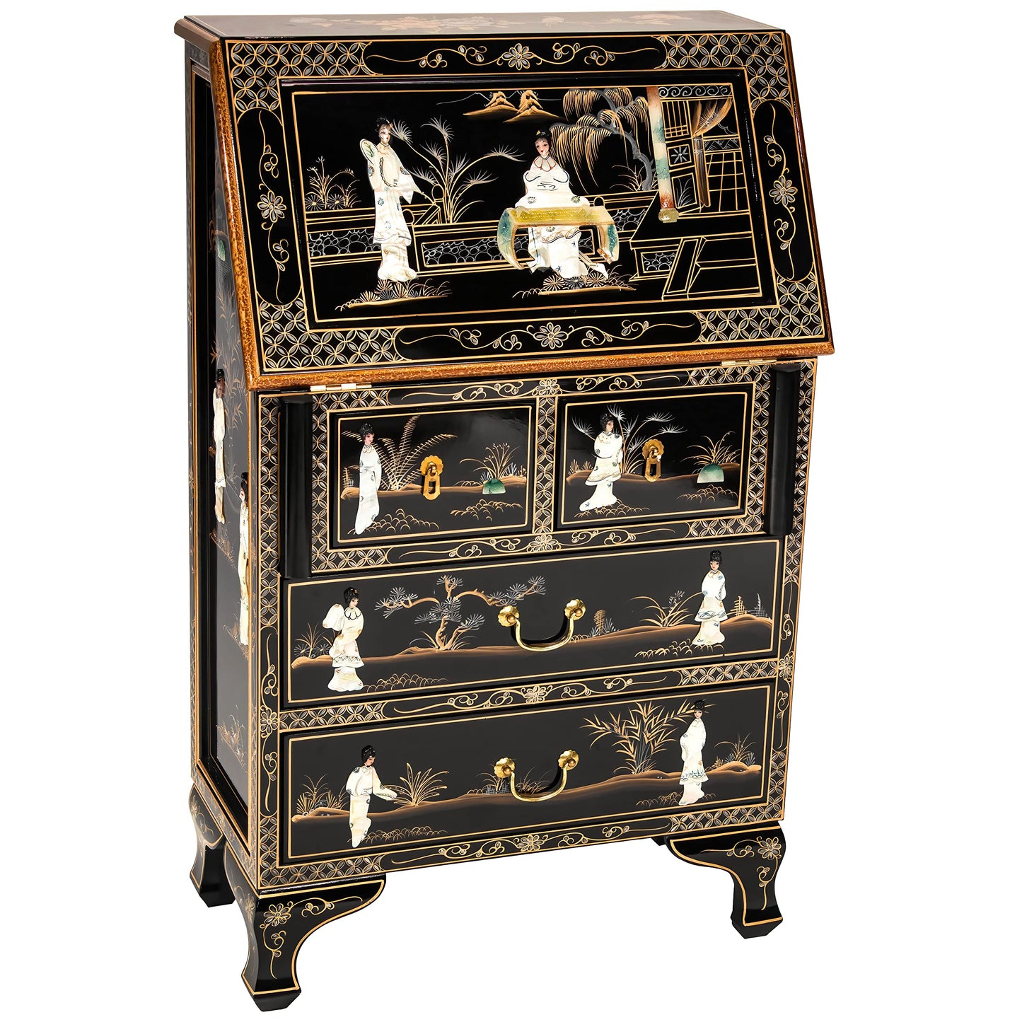 Red Lantern Hand Crafted Artisanal Black Lacquer Secretary Desk - Royal Ladies