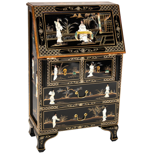 Red Lantern Hand Crafted Artisanal Black Lacquer Secretary Desk - Royal Ladies