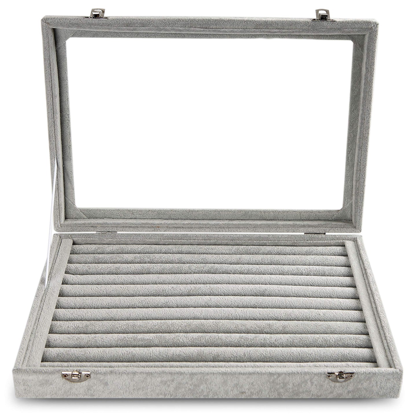 Frebeauty Rings/Earrings Organizer Tray with Clear Lid 10 Slots Velvet Drawer Insert Jewelry Storage box with Glass lid Jewelry Display Case Showcase Gift for Girls Women (Grey, 10 Slots)