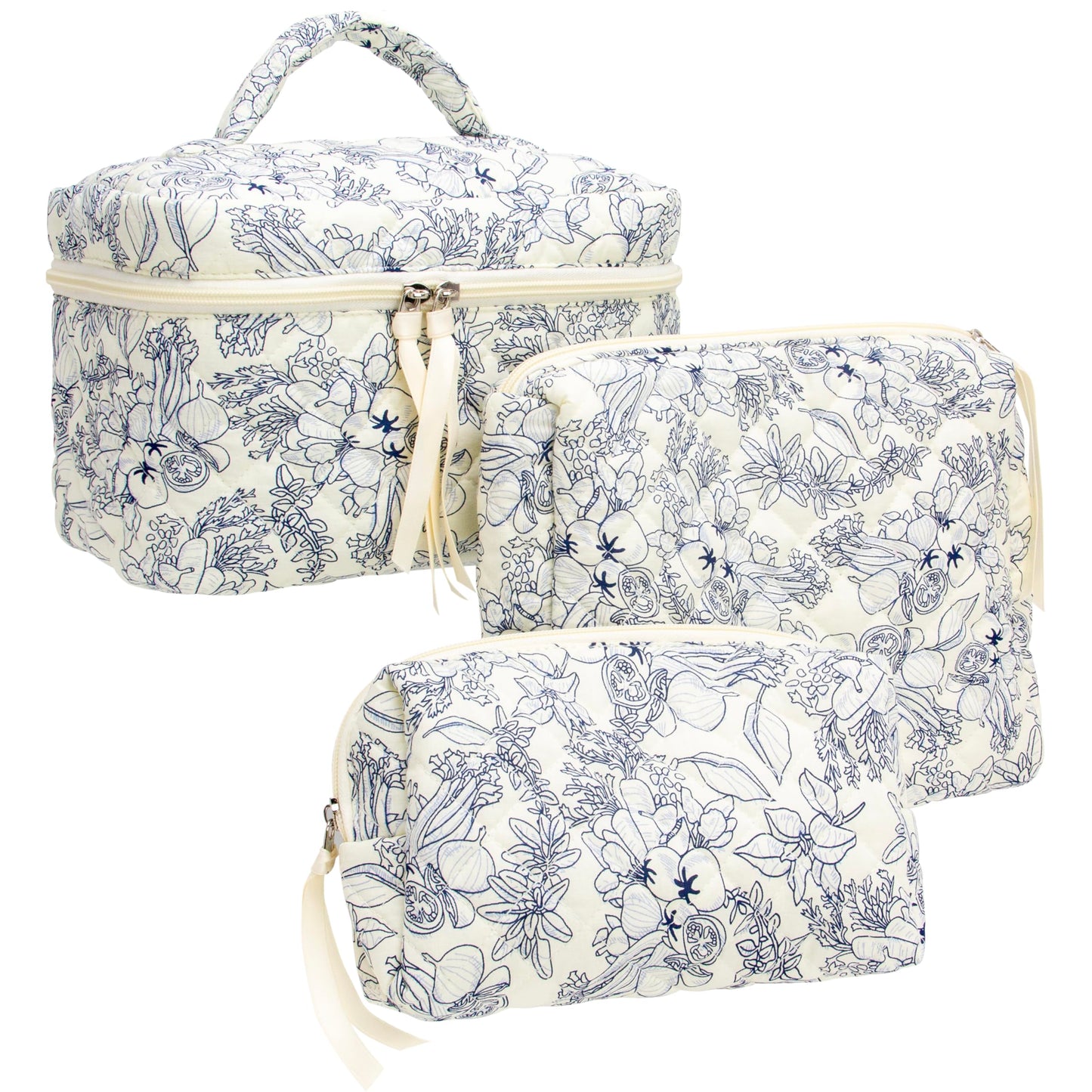 PAZIMIIK 3PCS Makeup Bag SET Large Travel Quilted Zipper Soft Cosmetic Case Pouch for Women Girls Make Up,Flower White