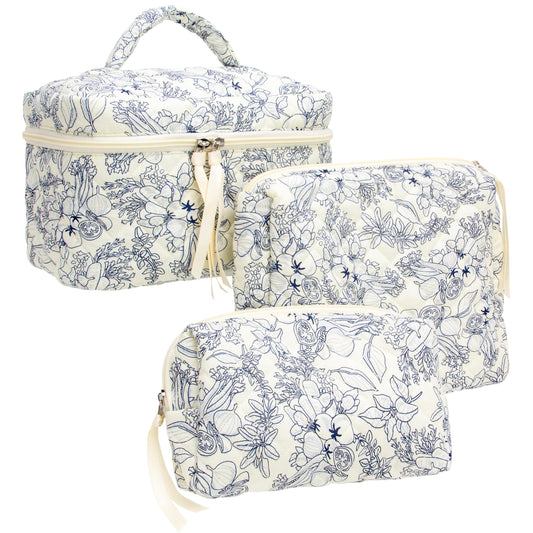 PAZIMIIK 3PCS Makeup Bag SET Large Travel Quilted Zipper Soft Cosmetic Case Pouch for Women Girls Make Up,Flower White