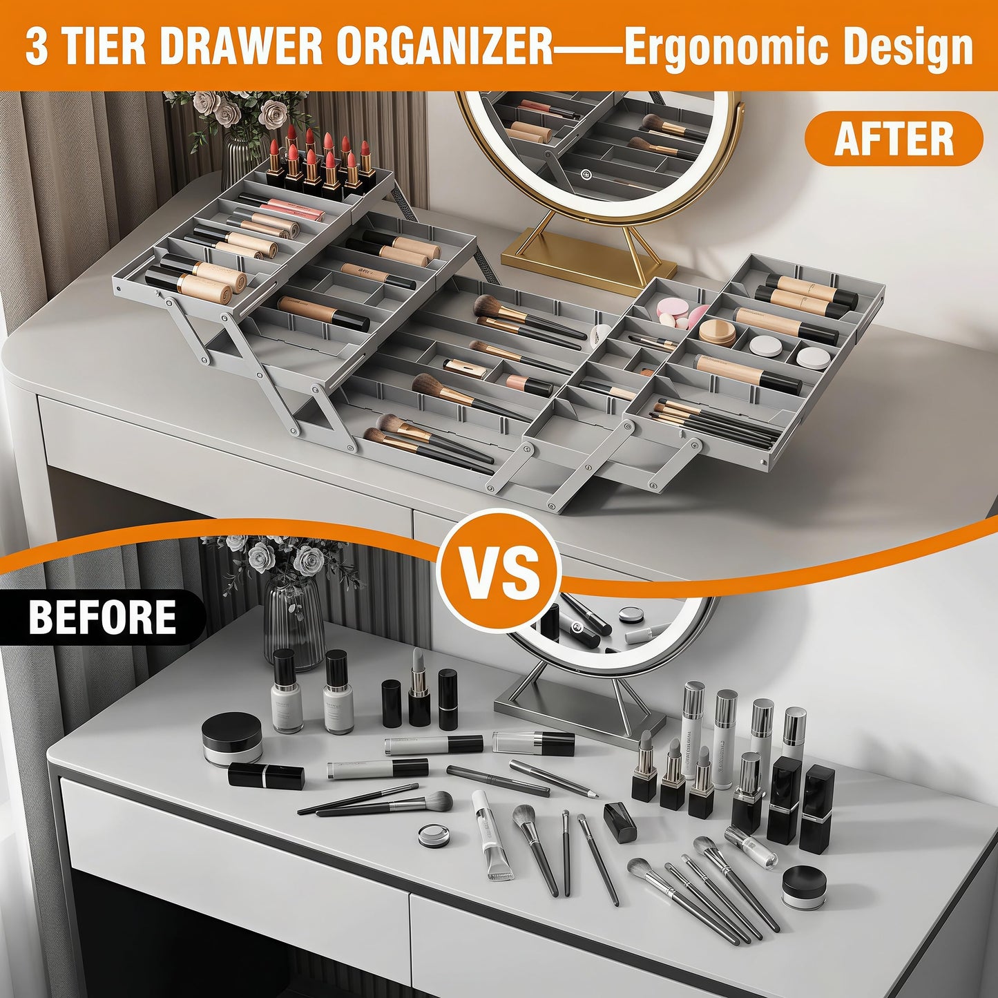 Miriam Song Expandable Multi Level Drawer Organizer – Smart Double Row Foldable Tray, Desk & Junk Drawer Storage for Jewelry, Cosmetic, Office Supplies, Kitchen Utensils & Craft Organizer (3 Tier)