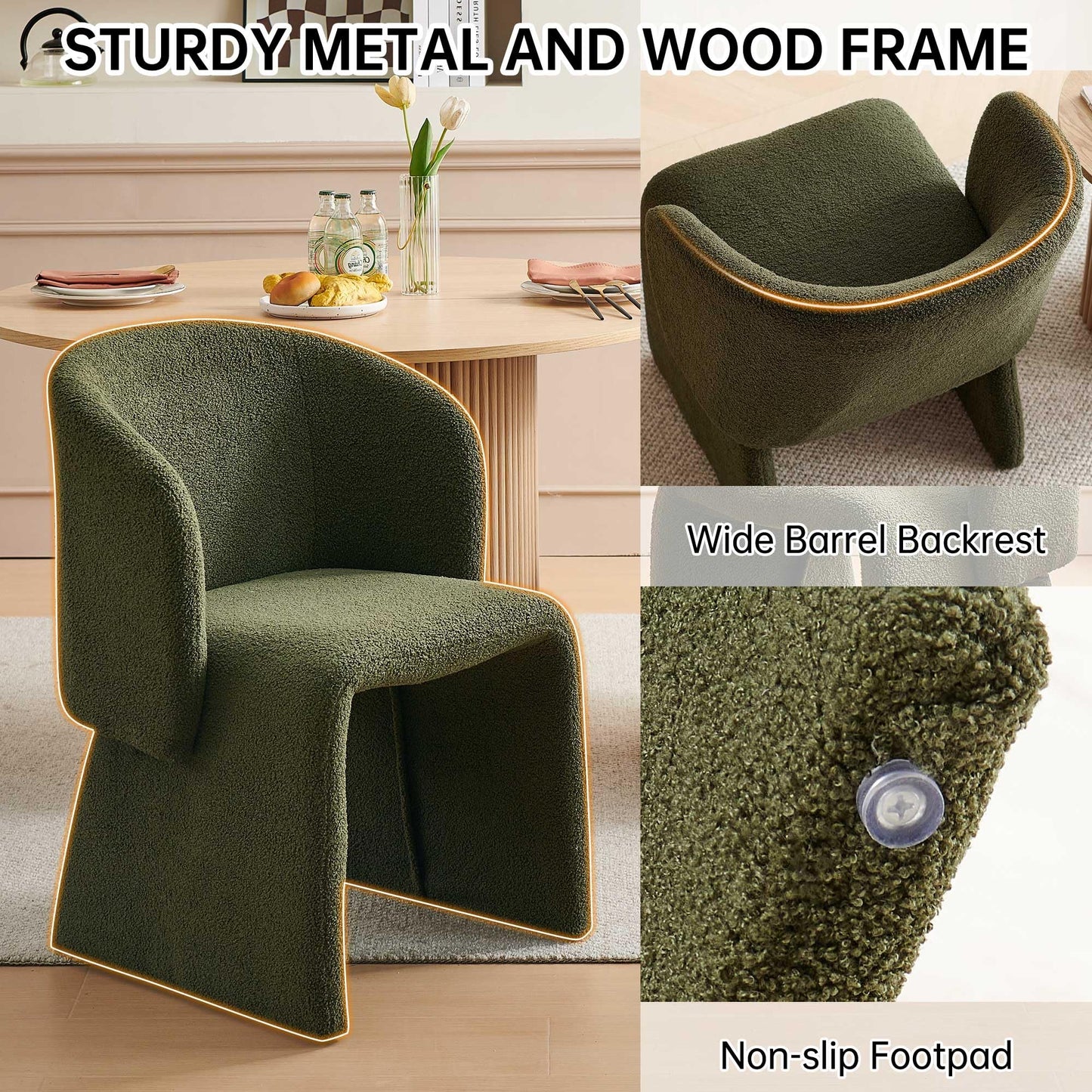 Homedot Green Dining Arm Chairs Set of 4, Upholstered Mid Century Modern Home Kitchen Chairs with Curved Backrest & Armrest, Teddy Velvet Accent Chairs for Dining Room, Bedroom, Dressing Room