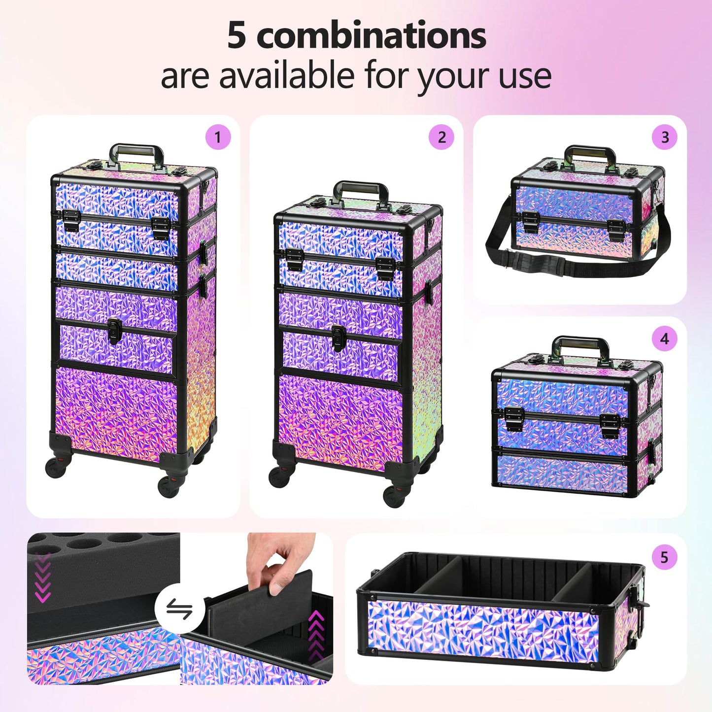 GALHUBIS Makeup Train Case with Drawer, Rolling Makeup Case, Cosmetology Case on Wheels, Gift, Large Makeup Case Organizers, Professional for Salon Barber, Nail, Tattoo, Black Colourful