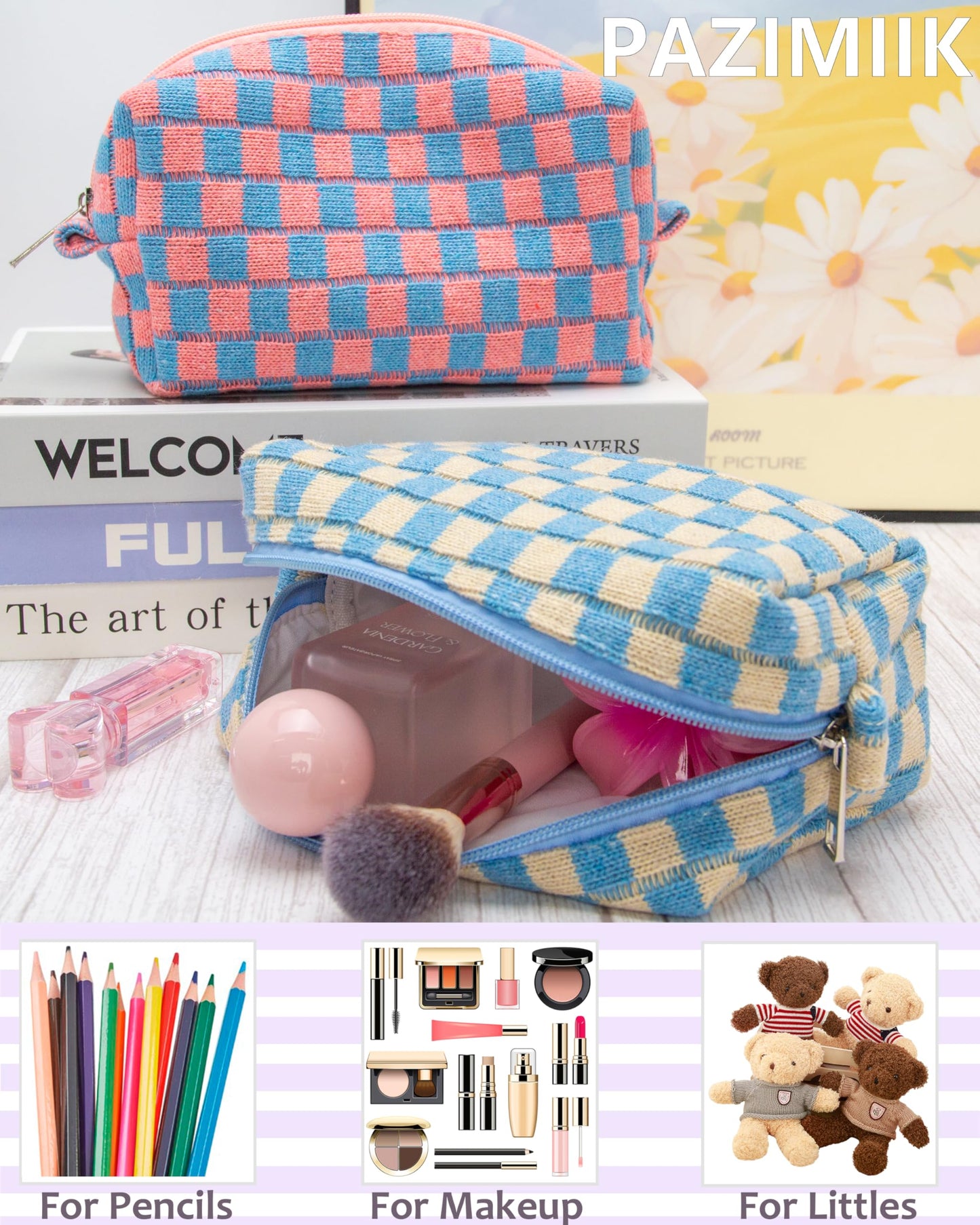 PAZIMIIK 6PCS Checkered Makeup Bag for Purse Portable Zipper Make Up Pouch Small Cosmetic Case for Travel Accessories Blue Beige