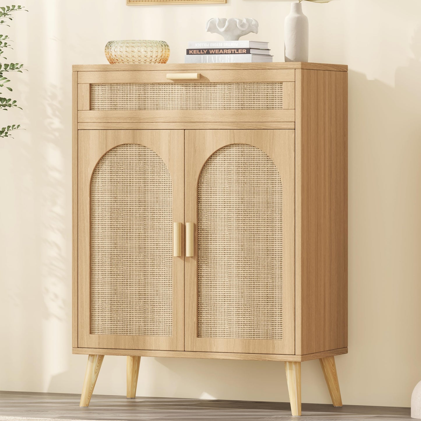 Keehusux Rattan Sideboard Buffet Cabinet with Drawer and 2 Doors, Accent Storage Cabinet with Adjustable Shelf, Solid Wood Feet, Coffee Bar for Kitchen, Living Room, Entryway, Natural Oak