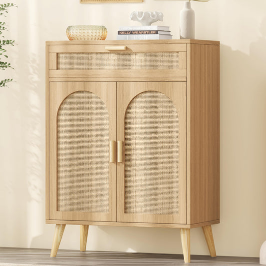 Keehusux Rattan Sideboard Buffet Cabinet with Drawer and 2 Doors, Accent Storage Cabinet with Adjustable Shelf, Solid Wood Feet, Coffee Bar for Kitchen, Living Room, Entryway, Natural Oak
