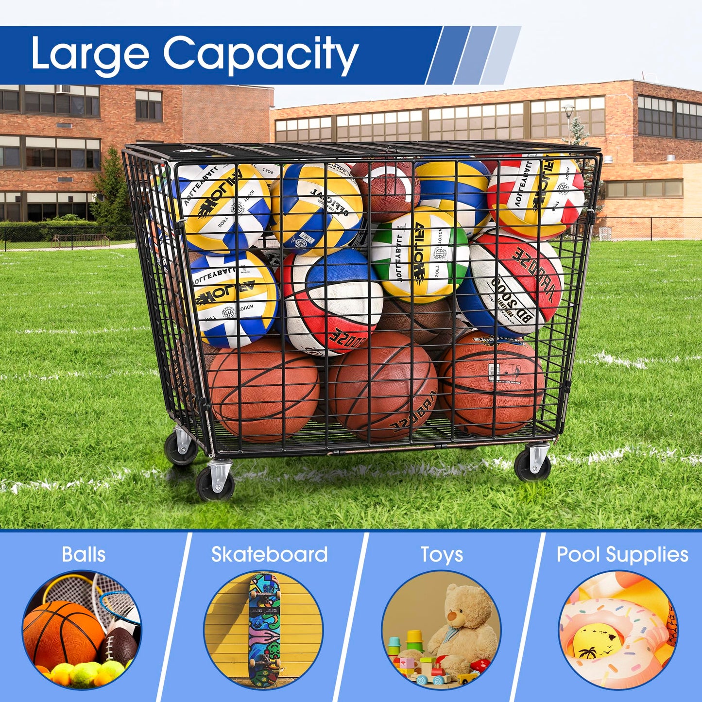 Mythinglogic Rolling Ball Storage Cart, Sports Equipment Storage Organizer for Garage/Basement/Entryway, Ball Storage Bin with Casters (Extra Large)