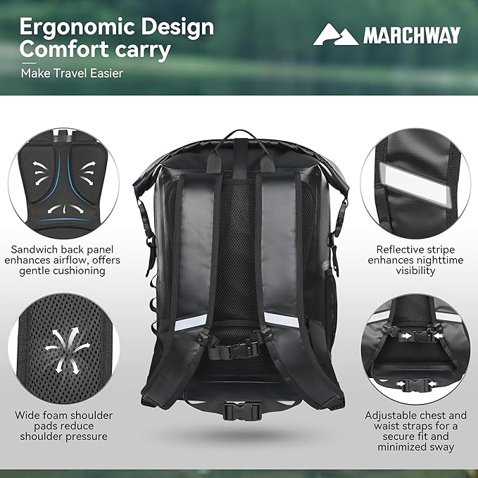 MARCHWAY Roll Top Waterproof Backpack, Floating Dry Bag 20L/30L/45L with Ergonomic Rectangular Base, Cushioned Back, Hip Strap for Hiking Camping Kayaking Travel (Black, 30L)