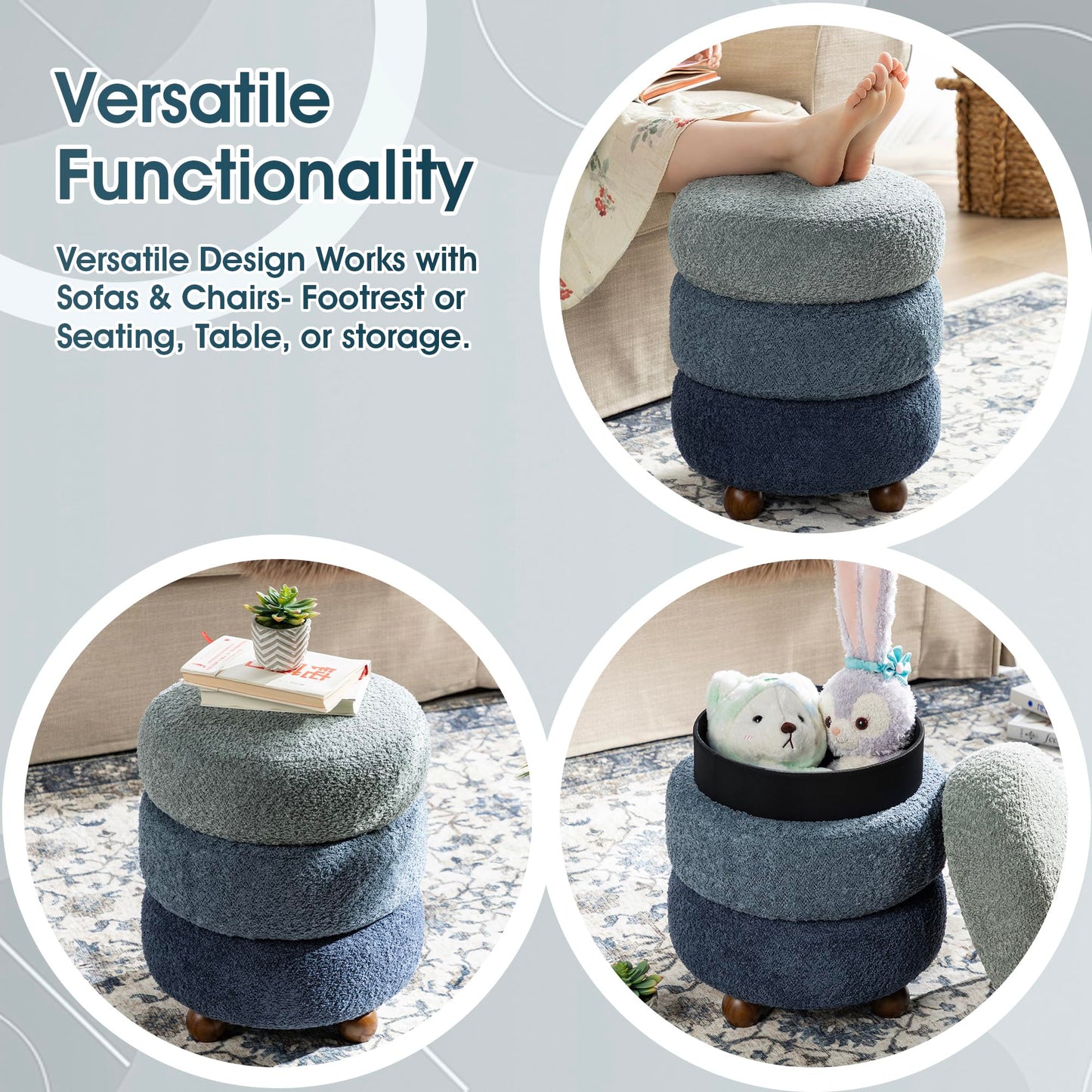 Glitzhome Round Ottoman with Storage, Small Foot Stool, Modern Accent Stool Upholstered Vanity Stool with Rubberwood Ball Feet for Bedroom Living Room Dorm Room, Gradient Blue