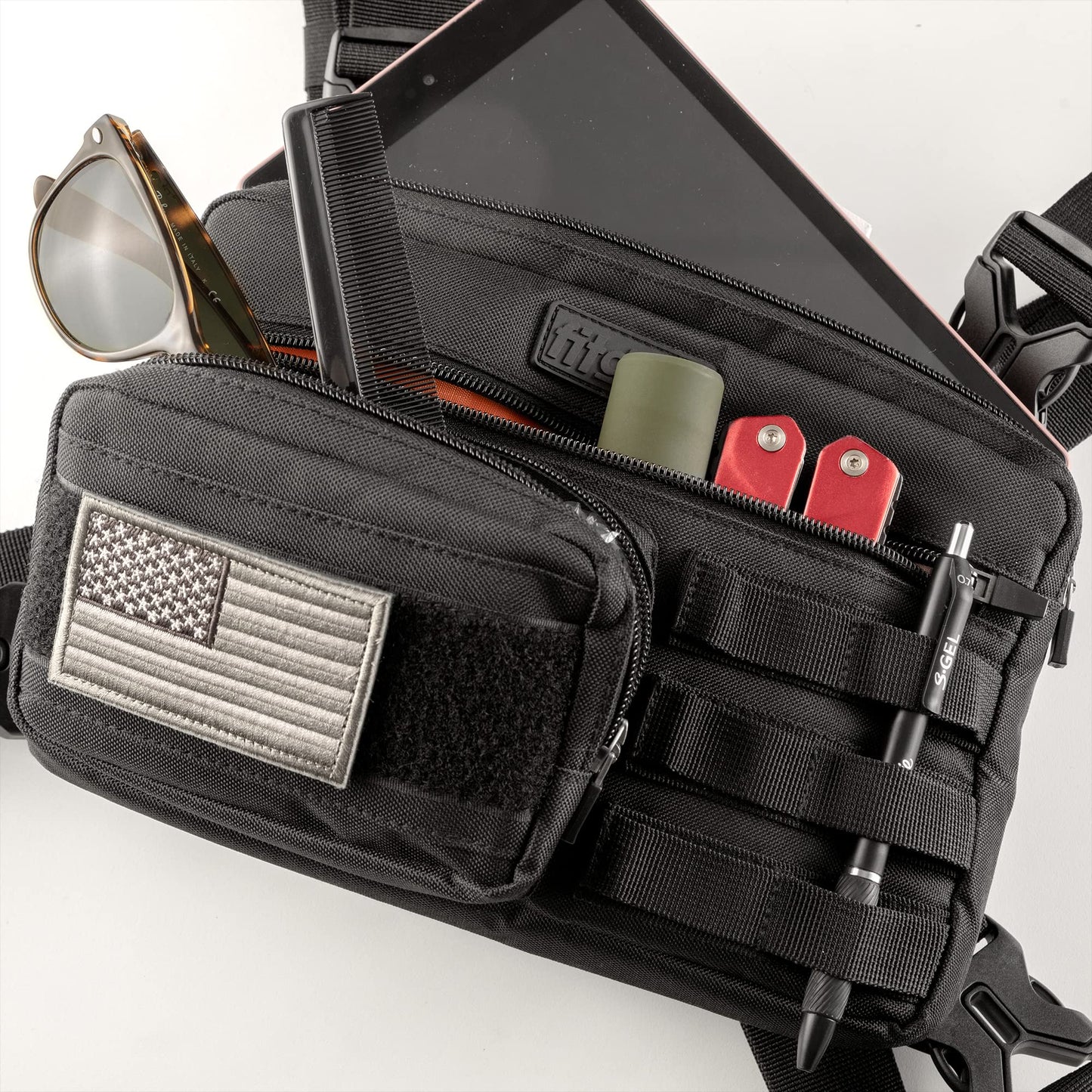 Fitdom Tactical Inspired Lightweight Running Chest Pack For Men With Built-In Phone Holder. A Sports Utility Rig Vest Made For Workouts And Outdoor (Maximum Stability, Blaack)