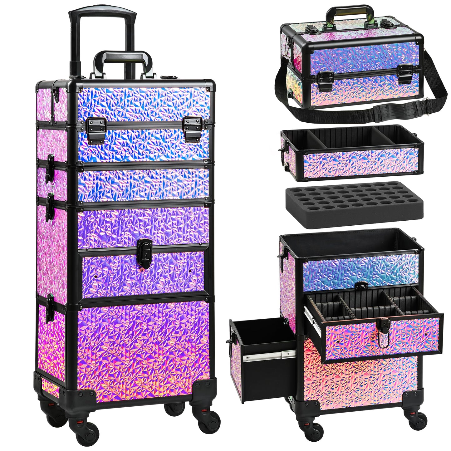 GALHUBIS Makeup Train Case with Drawer, Rolling Makeup Case, Cosmetology Case on Wheels, Gift, Large Makeup Case Organizers, Professional for Salon Barber, Nail, Tattoo, Black Colourful