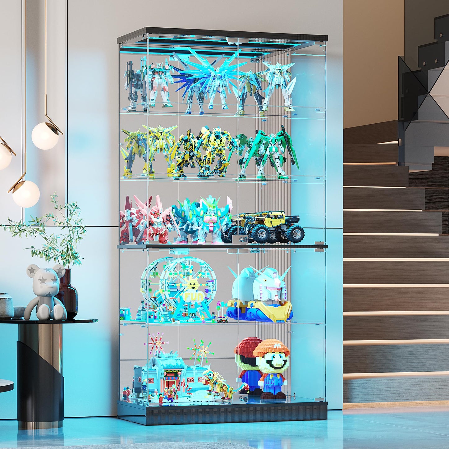 JDPAG 67" Glass Display Cabinet with RGB Lights for Collectibles, Dual Lockable 5-Tier Curio Cabinet with Glass Doors, Lighted Display Case with Motion Sensor for Action Figures/Models/Trophy, Black