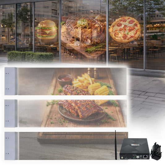 P10 Transparent Flexible LED Film Display for Storefront Windows and Retail Advertising | Directly Applies to Existing Glass Surfaces | Sunlight Visible Screen | Self-Adhesive (3 of P10 plus TB20)