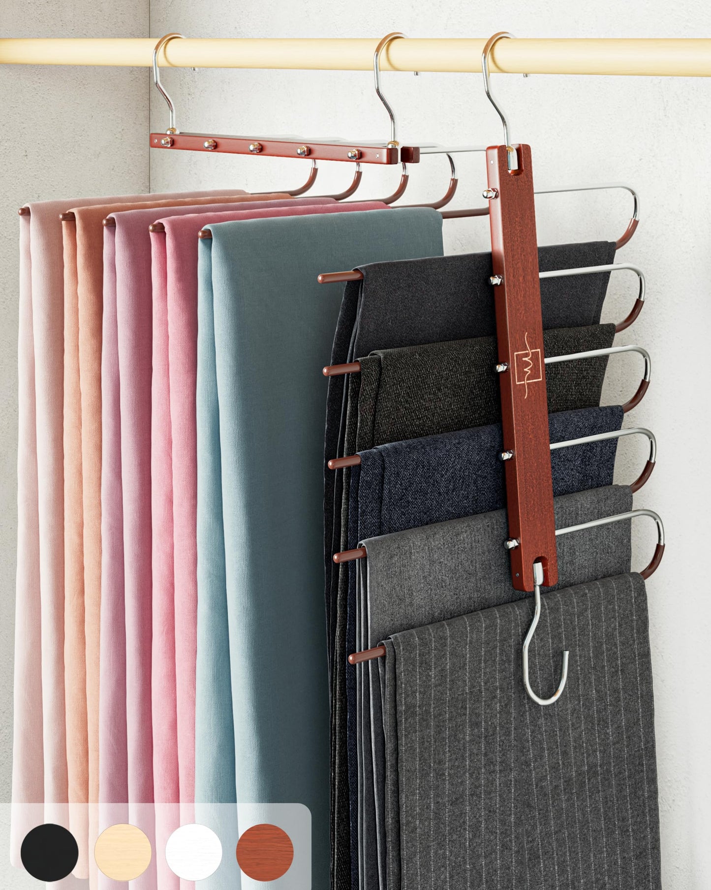 MORALVE Pants Hangers Space Saving - 2 Pack European Beechwood Scarf and Jean Hangers - Closet Organizer and Space Saver Pant Rack, Leggings Hanger, and Scarf Holder with 360° Swivel Hook