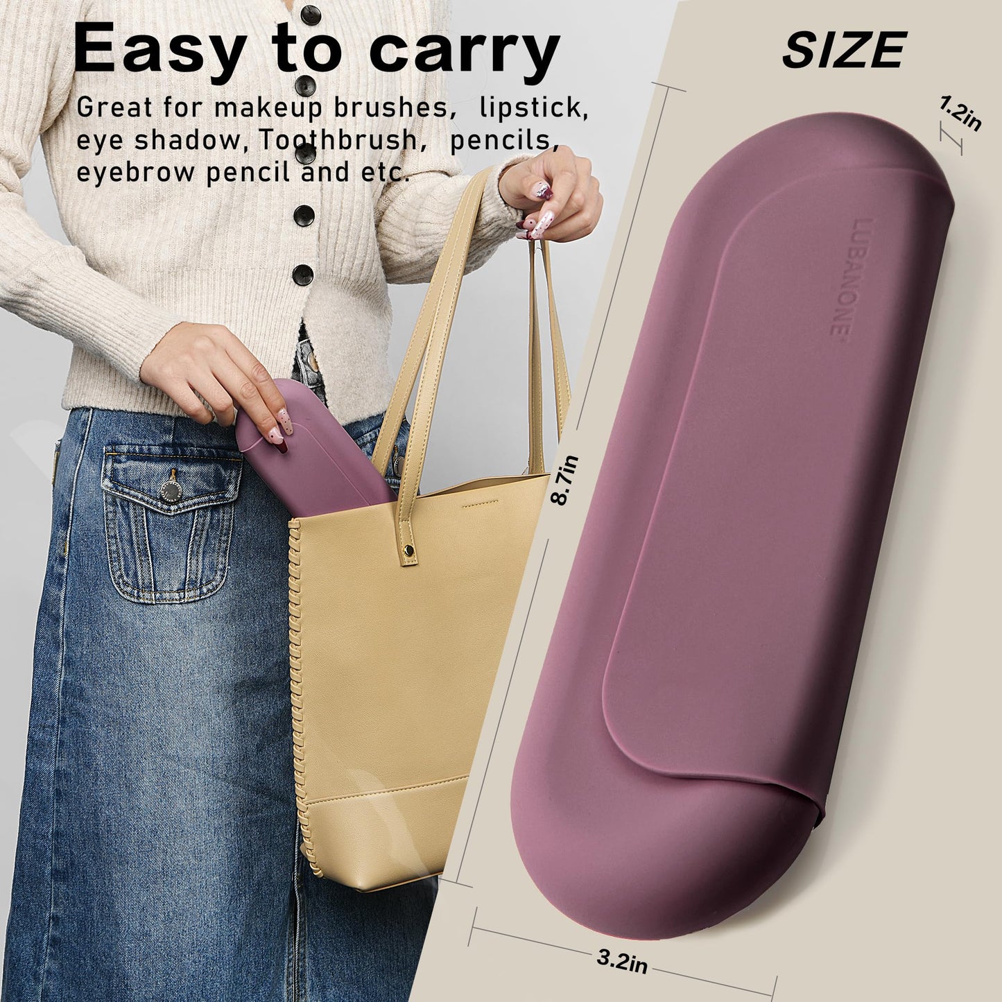 LuBanOne Makeup Brush Holder Magnetic Closure Make Up Brushes Organizer Silicone Makeup Bag Travel Essentials (Grape Purple)