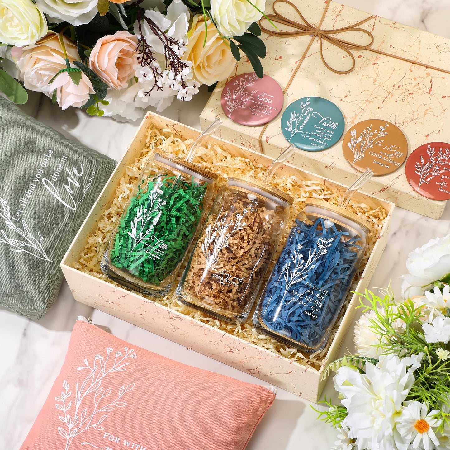 Fumete 6 Set Christian Gift for Women Bulk Religious Makeup Bag Glass Bible Verse Cup Mini Christian Compact Mirror Gifts for Church Members Women Basket Stuffers(Bright Colors)