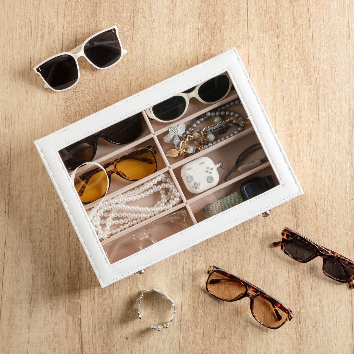 Frebeauty Sunglass Organizer,PU Leather Glasses Organizer,8-Slot Sunglasses Tray with Clear Lid,Men's/Women's Sunglasses Box,Sunglass Case,13.3x9.6x2.4 Inches,Eyeglass/Eyewear Display Tray(Black)