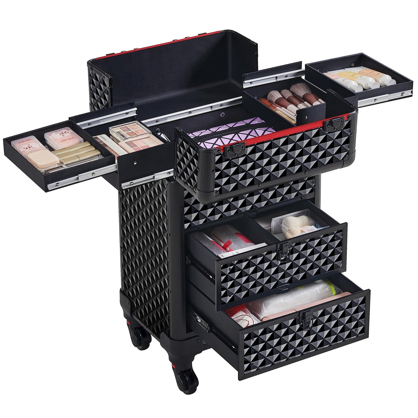 Yaheetech Rolling Makeup Train Case with Drawers Professional Nail Tech Travel Case Cosmetics Storage Organizer Beauty/Nail Art/Hair Styling Travelling Cart Trunk Black