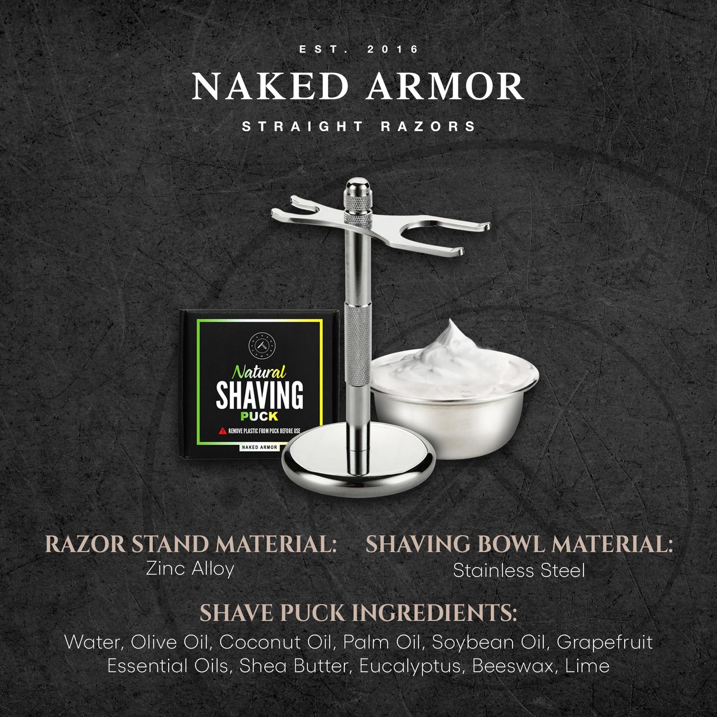 Naked Armor Safety Razor Stand Kit – Safety Razor, Razor and Brush Stand, Stainless Steel Shaving Bowl, Organic Shaving Soap Puck and 5-Blade Pack, Complete Wet Shaving Kit for Men for Smooth, Comfortable Shaves