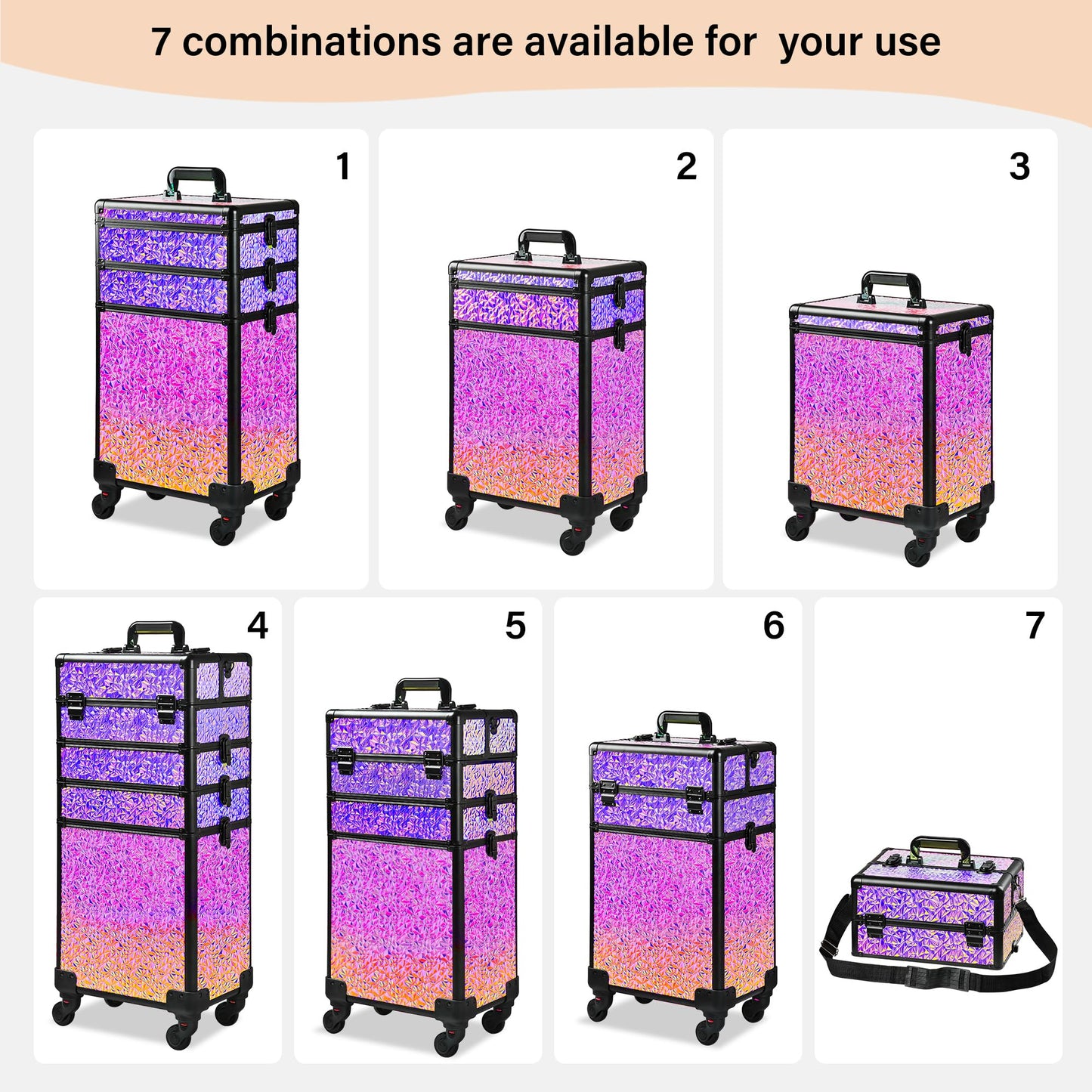 GALHUBIS Rolling Makeup Case, Makeup Train Case with Lid, 5 in 1 Cosmetology Case on Wheels, Christmas Gift, Large Makeup Case Organizers, Profesional Cosmetic Case for Salon Barber,Black Colorful