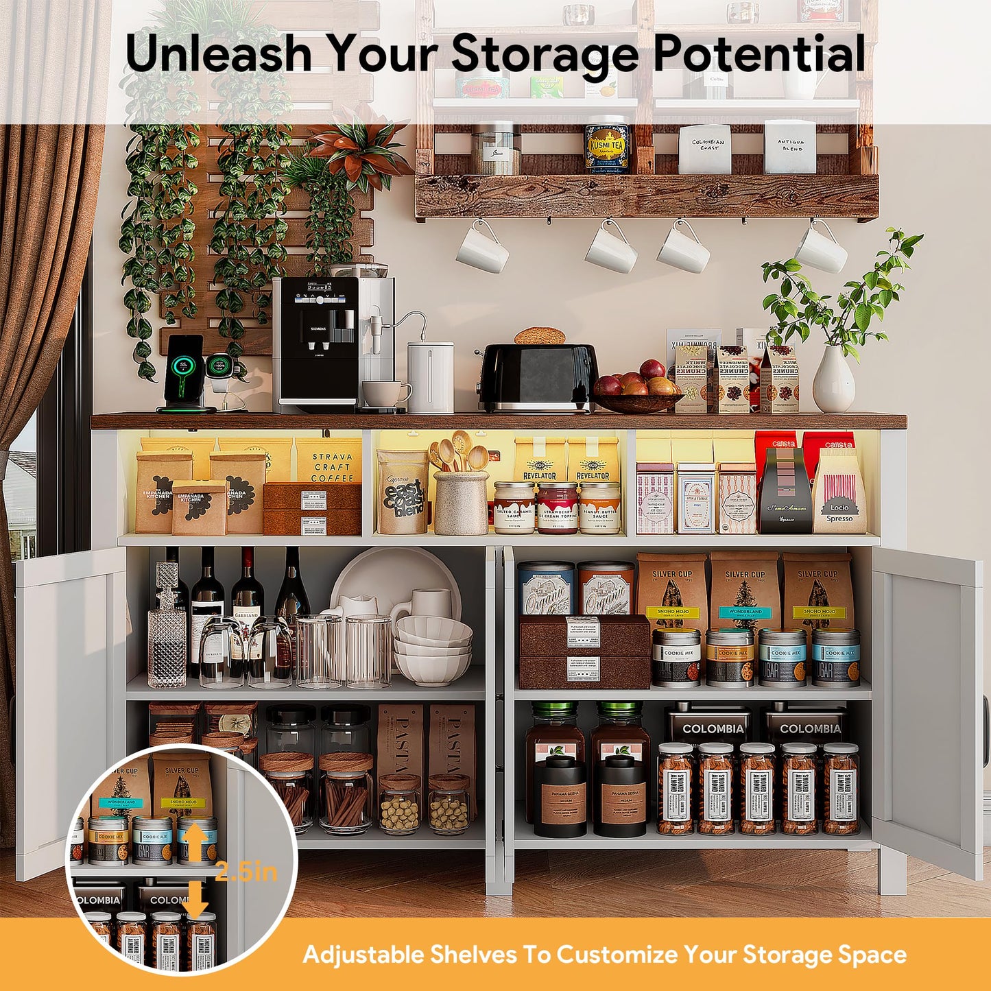knoworld Buffet Sideboard with Storage with Power Outlets & LED Light 4 Doors, 55'' Large Farmhouse Kitchen Storage Cabinet Wood Coffee Bar Cabinet Buffet Table for Kitchen, Dining Room, Entryway