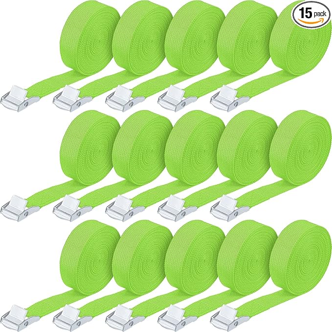 Riakrum 15 Pack 16 Feet Lashing Straps Adjustable Kayaks Tie Down Cam Buckle Straps with Buckles up to 250lbs for Cargo, Luggage, Motorcycles, Truck, Car Roof Rack, Sup Surfboard(Green)