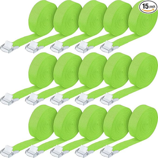 Riakrum 15 Pack 16 Feet Lashing Straps Adjustable Kayaks Tie Down Cam Buckle Straps with Buckles up to 250lbs for Cargo, Luggage, Motorcycles, Truck, Car Roof Rack, Sup Surfboard(Green)