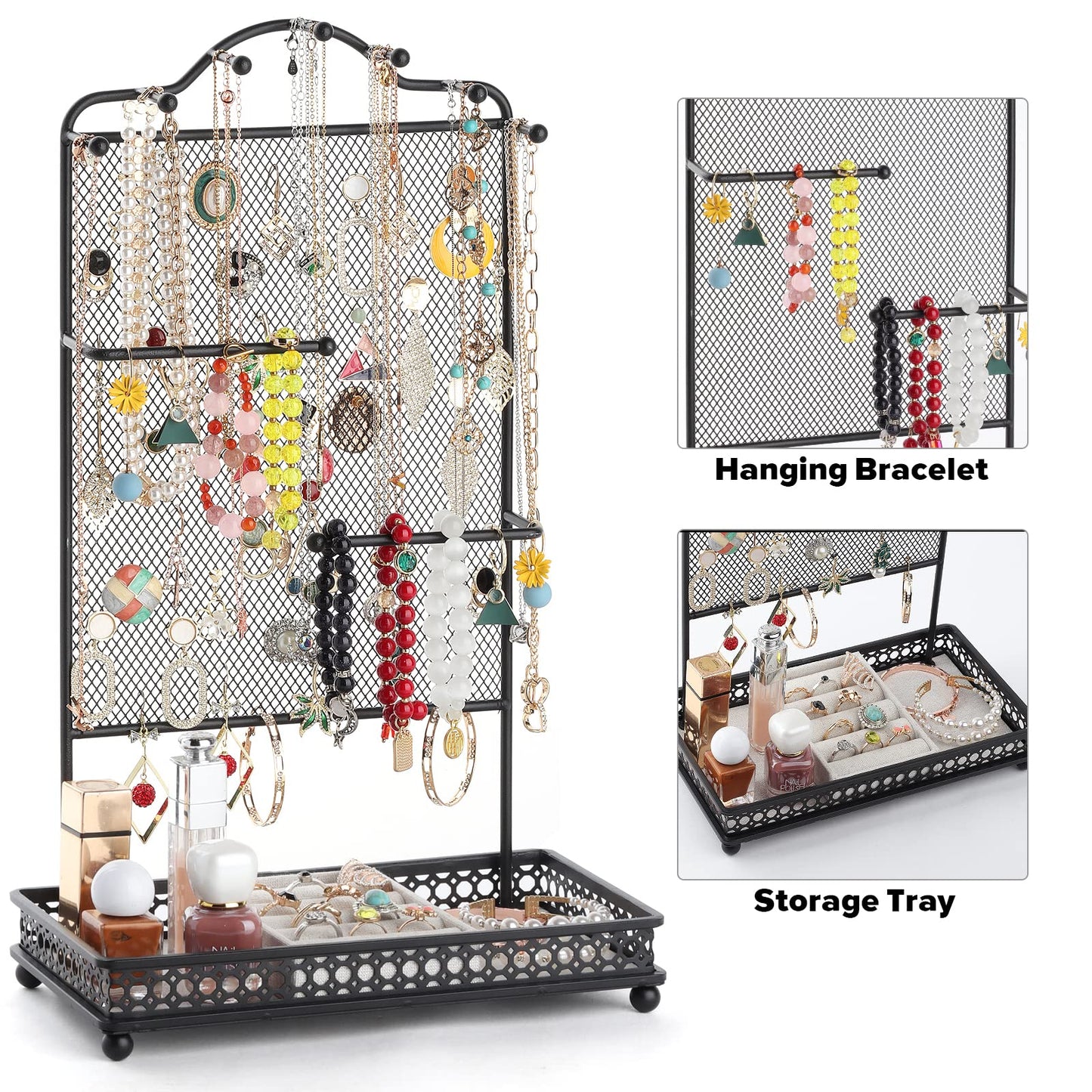 Meangood Black Jewelry Organizer Stand, Earring Holder Rack for Hanging Earrings Necklace Bracelets Watches Jewelry Display Large Rings Storage as Women Gift