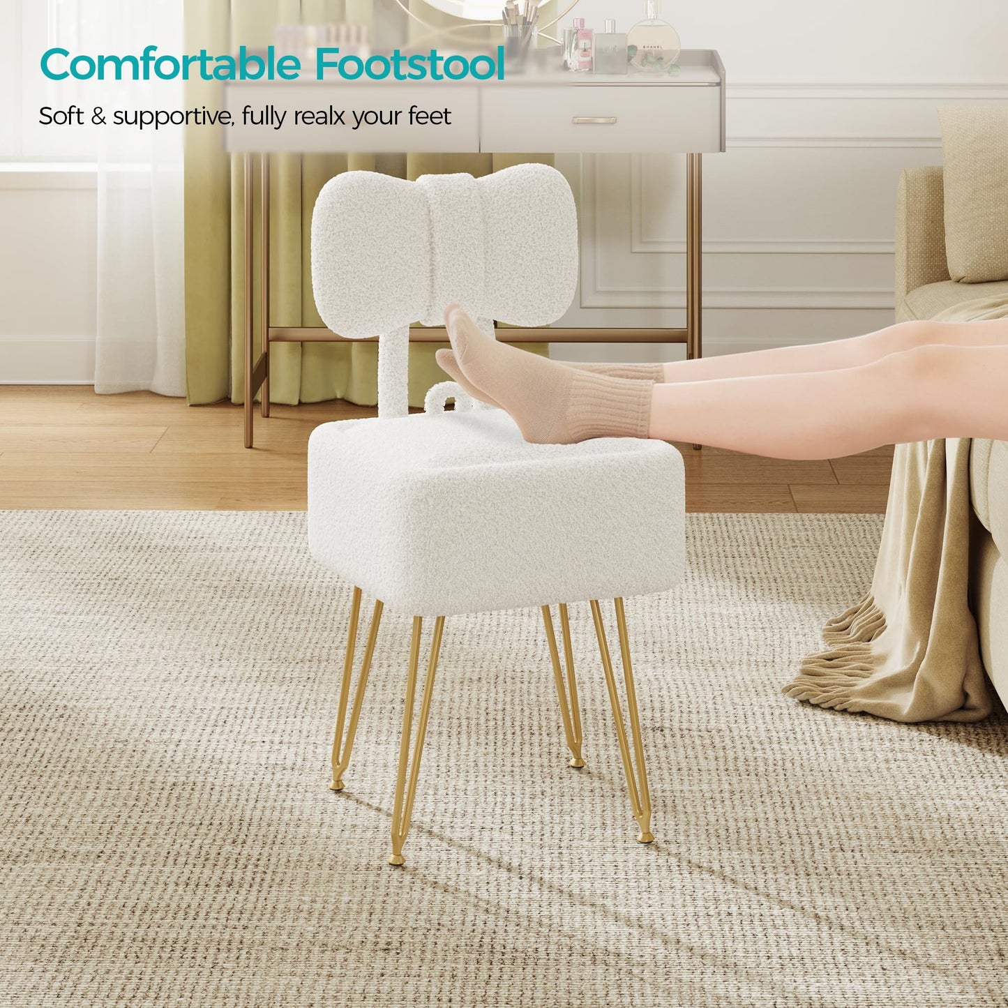 SENGALOTI Small Vanity Stool Chair with Storage and Foldable Back, White