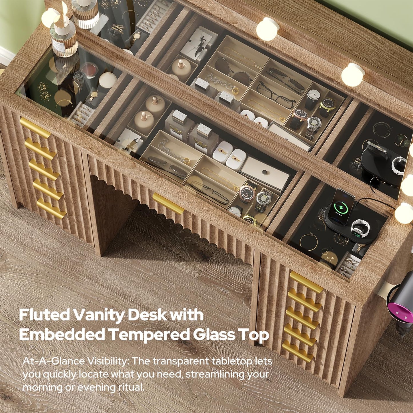 knoworld 15 Drawers Fluted Vanity Desk with Glass Top, 47" Makeup Vanity with Large Mirror and 12 LED Lights, Dressing Table with Power Outlet for Bedroom, Natural