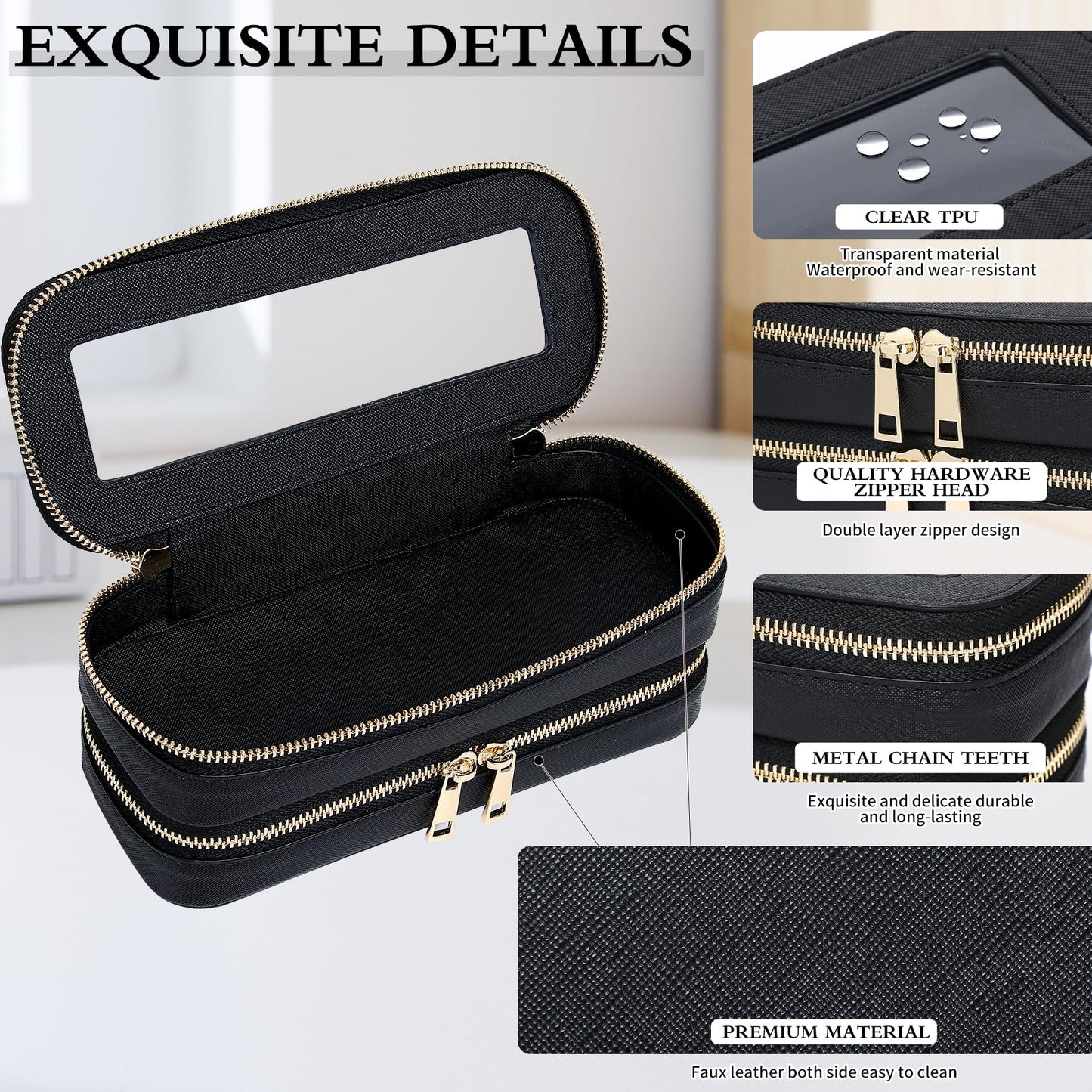 LOFOWN Double Layer Makeup Bag Makeup Brush Case Waterproof Travel Cosmetic & Toiletry Bag Purse Organizer and Car Essentials for Women (Black, 2-Layer SLIM)