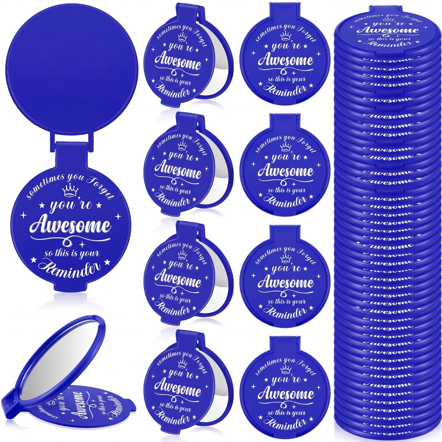 Gulfmew 36 Pcs 2.76 Inch Inspirational Compact Mirror Bulk Women Small Gifts Graduation Mothers Day Party Favors Purse Mirror Pocket Mini Items for Adult Coworker Cheerleader Swag Bag (Blue)