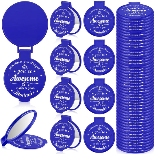Gulfmew 36 Pcs 2.76 Inch Inspirational Compact Mirror Bulk Women Small Gifts Graduation Mothers Day Party Favors Purse Mirror Pocket Mini Items for Adult Coworker Cheerleader Swag Bag (Blue)