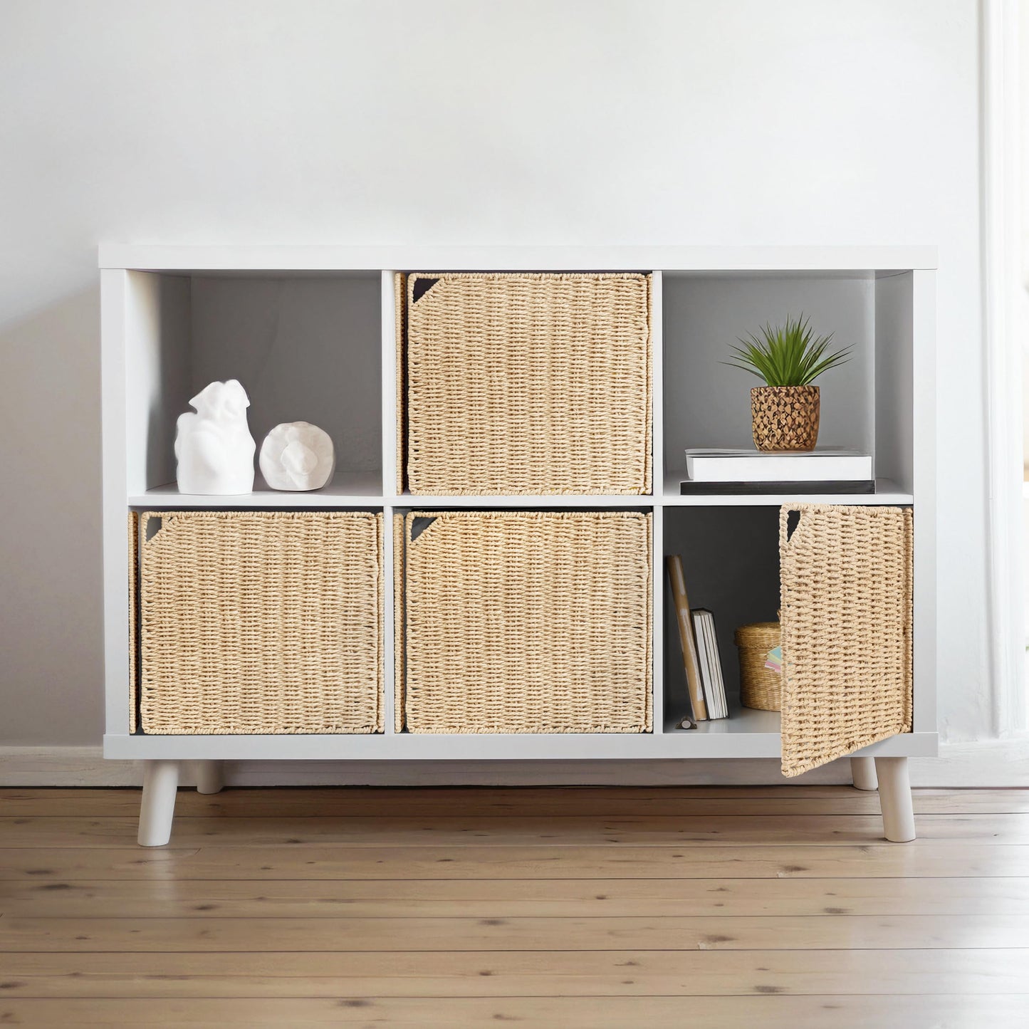AELS 13" Handwoven Natural Fibre Doors for Cube Storage - Set of 4, Boho Straw Shelf Cover for Bookcase & Open Bookshelf, Rustic Farmhouse Home Decor, Fit IKEA Kallax Shelf - Beige (Door ONLY)