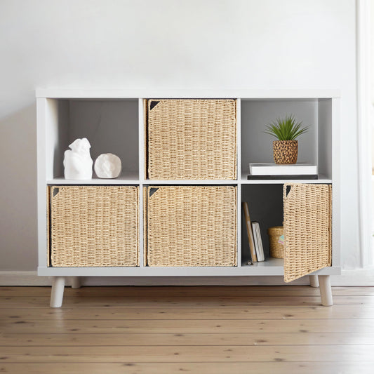 AELS 13" Handwoven Natural Fibre Doors for Cube Storage - Set of 4, Boho Straw Shelf Cover for Bookcase & Open Bookshelf, Rustic Farmhouse Home Decor, Fit IKEA Kallax Shelf - Beige (Door ONLY)