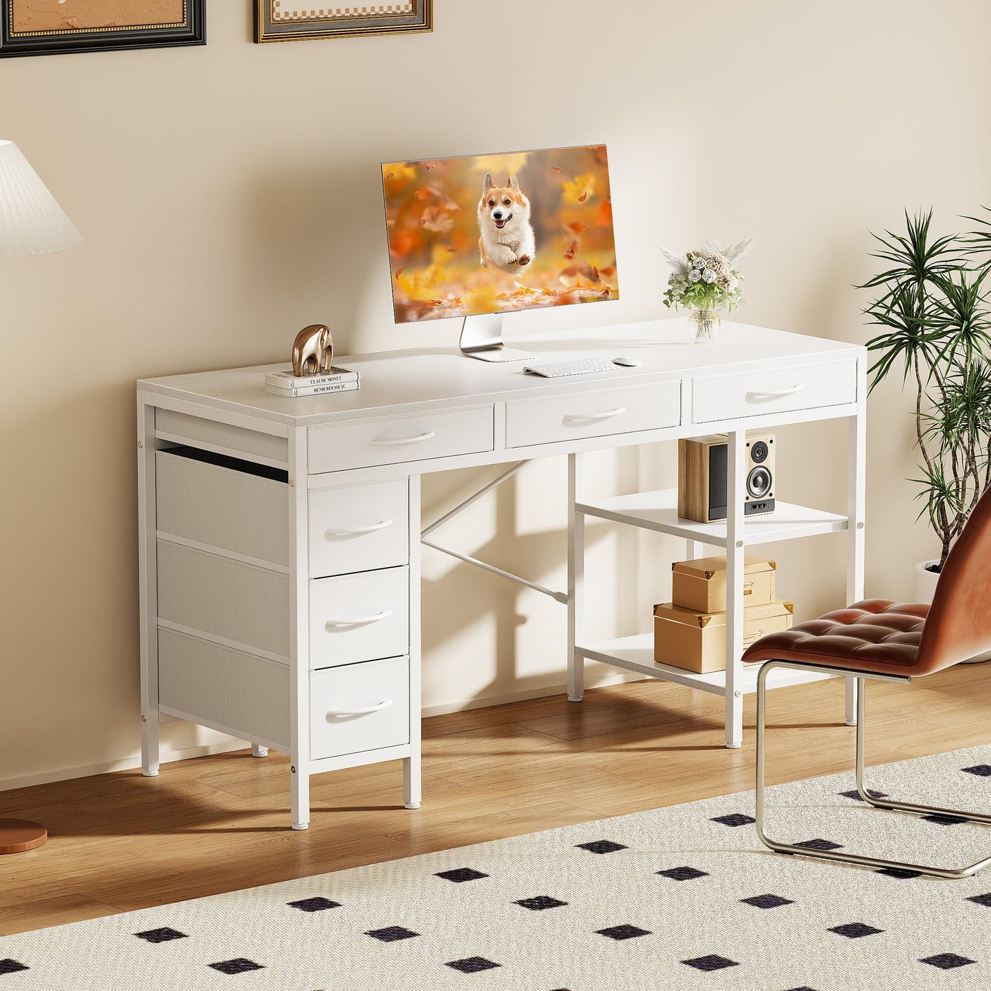 OLIXIS Computer Desk with 6 Drawers, 55 inch Office Workstation with Storage Shelves, Reversible Gaming Setup, Corner Table with Storage Drawers, Work for Home Office, Study, Living Room, White