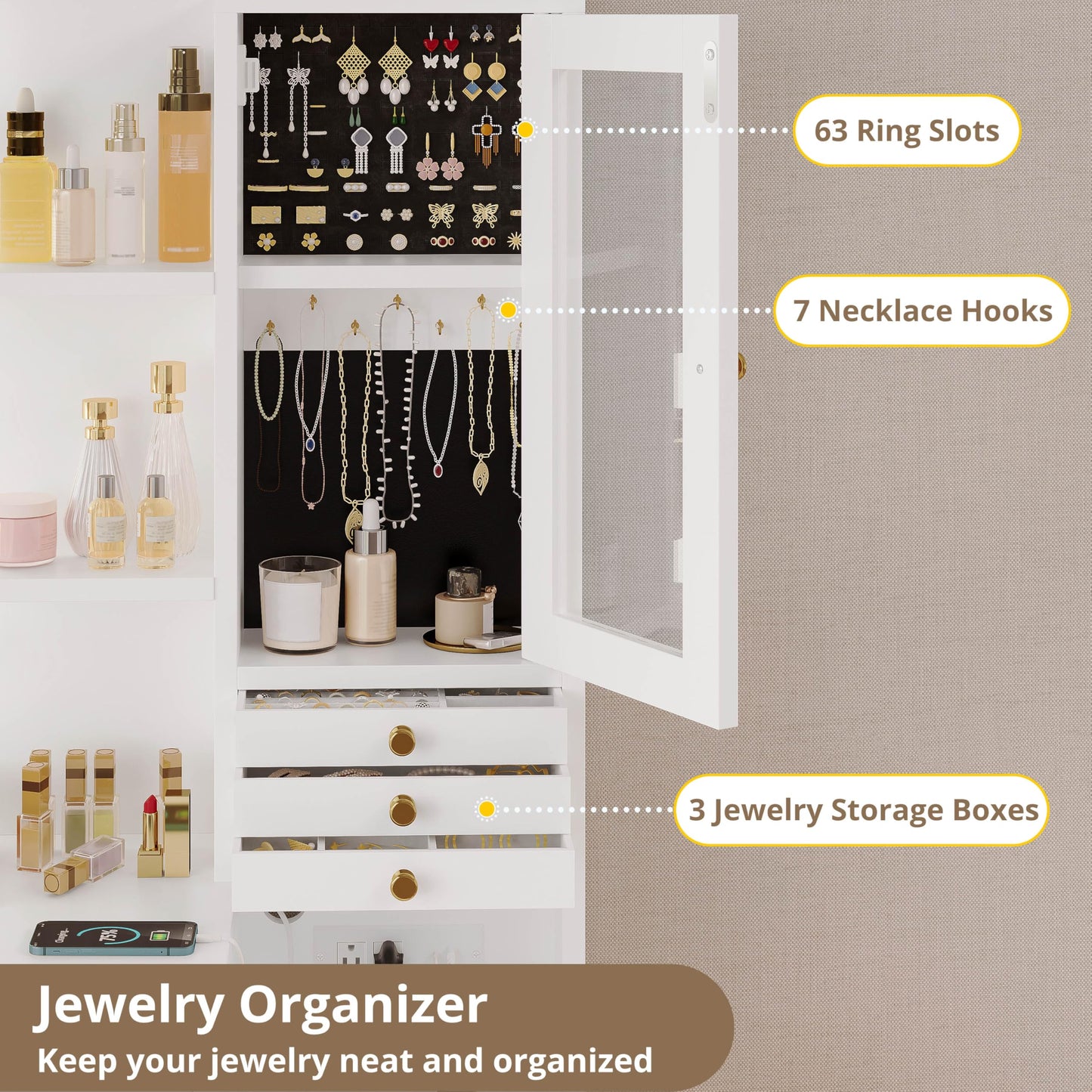 IRONCK Vanity Desk with Mirror and Lights, Jewelry Storage, White & Gold