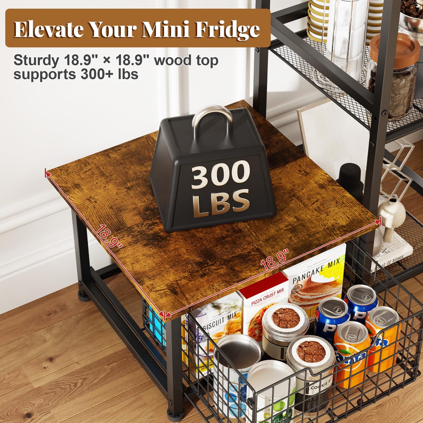 Yuyetuyo Mini Fridge Stand with Storage, Coffee Bar with Mini Fridge Space, Small Refrigerator Stand, Wine Cabinet, Kitchen Storage with Basket for Dorm, Apartment, Living Room, Office
