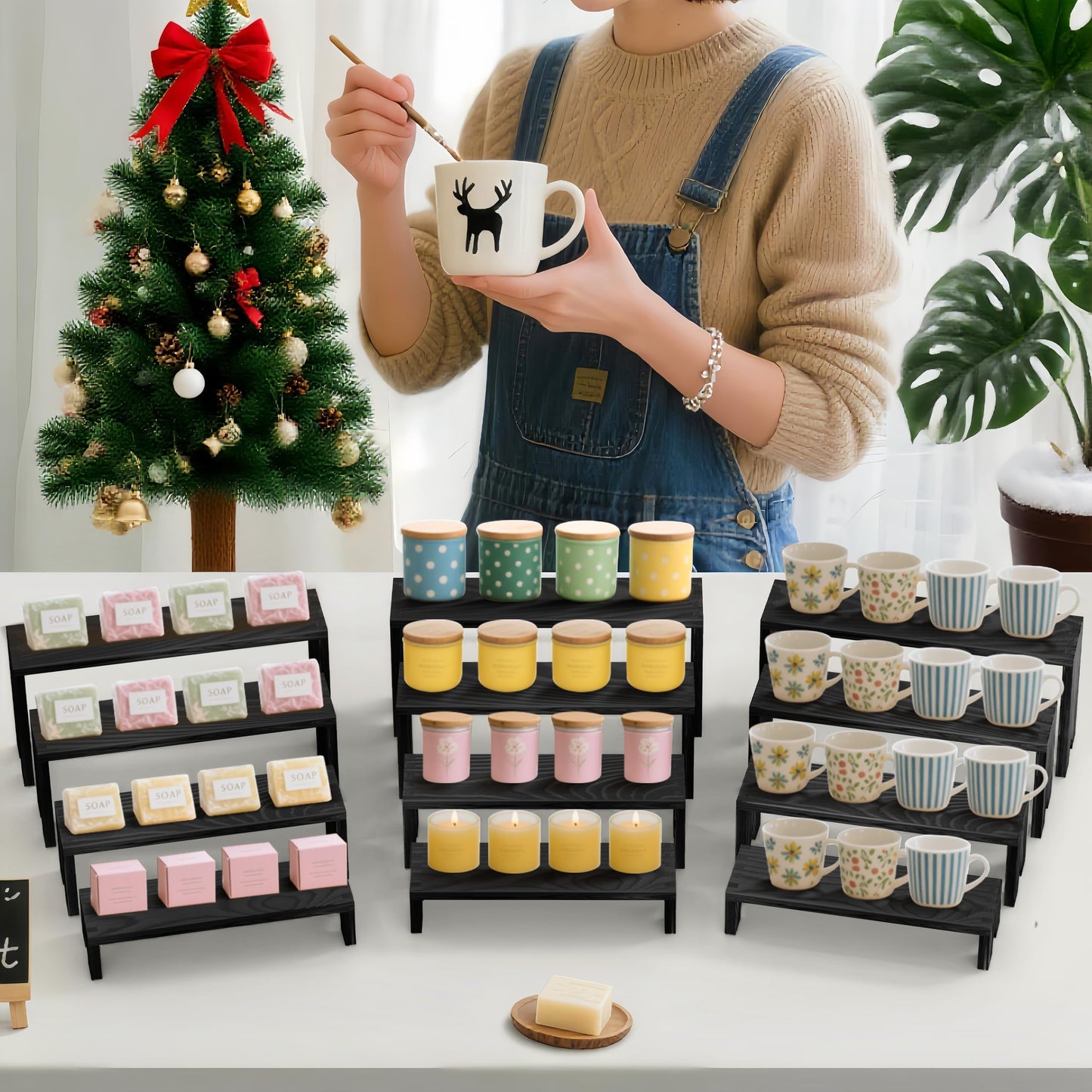 Large 2 Set wood tone Wooden Tiered Display Stands 4 Tier Stackable Pine Wood Display Risers, Suitable for Vendor Events, Cupcake Stands, cake stand Wooden Dessert Table Sets, Vendor Booth Displays,Cosmetic & Perfume Display Tools, Kitchen Spice Storage,