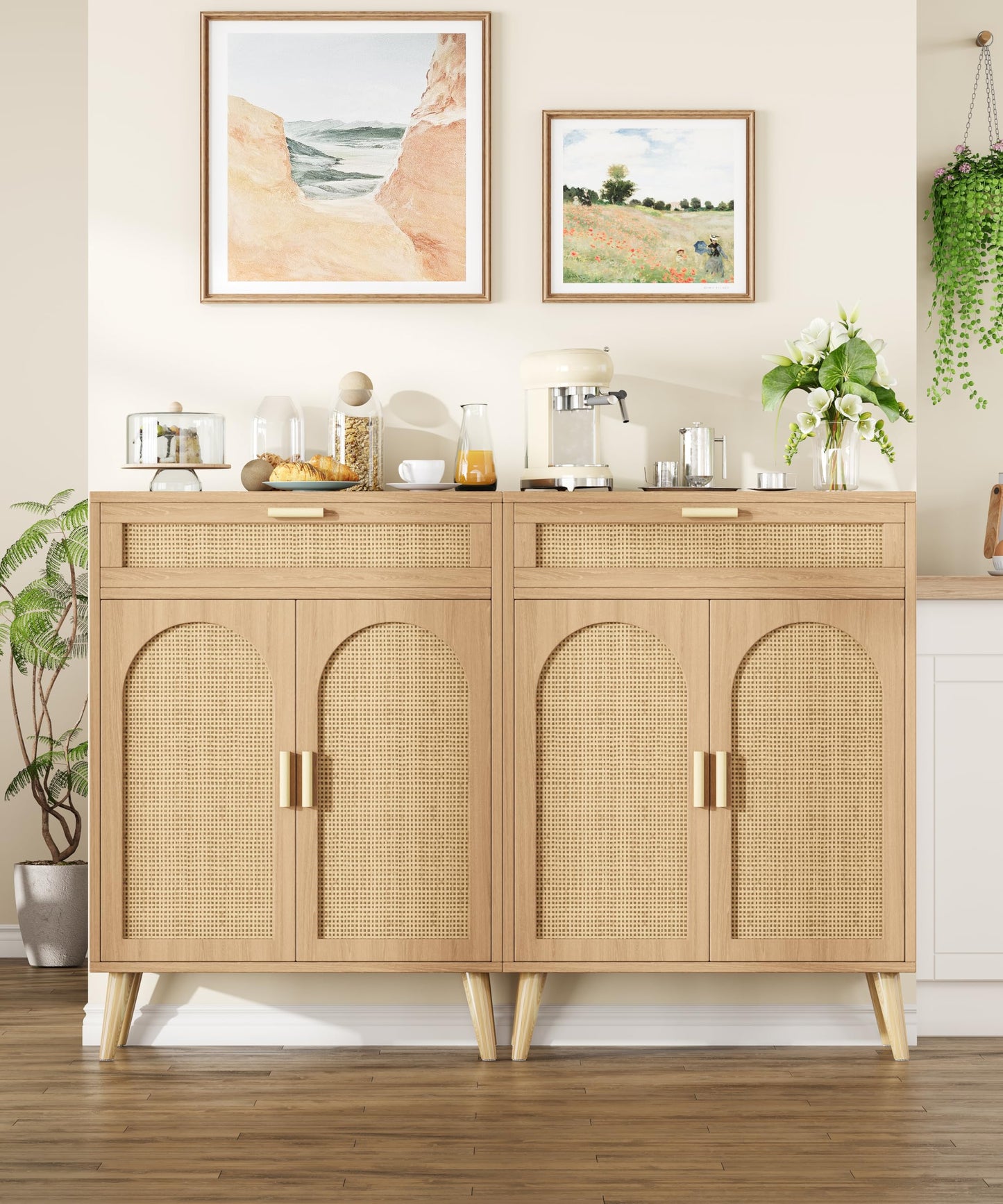 Keehusux Rattan Sideboard Buffet Cabinet with Drawer and 2 Doors, Accent Storage Cabinet with Adjustable Shelf, Solid Wood Feet, Coffee Bar for Kitchen, Living Room, Entryway, Natural Oak