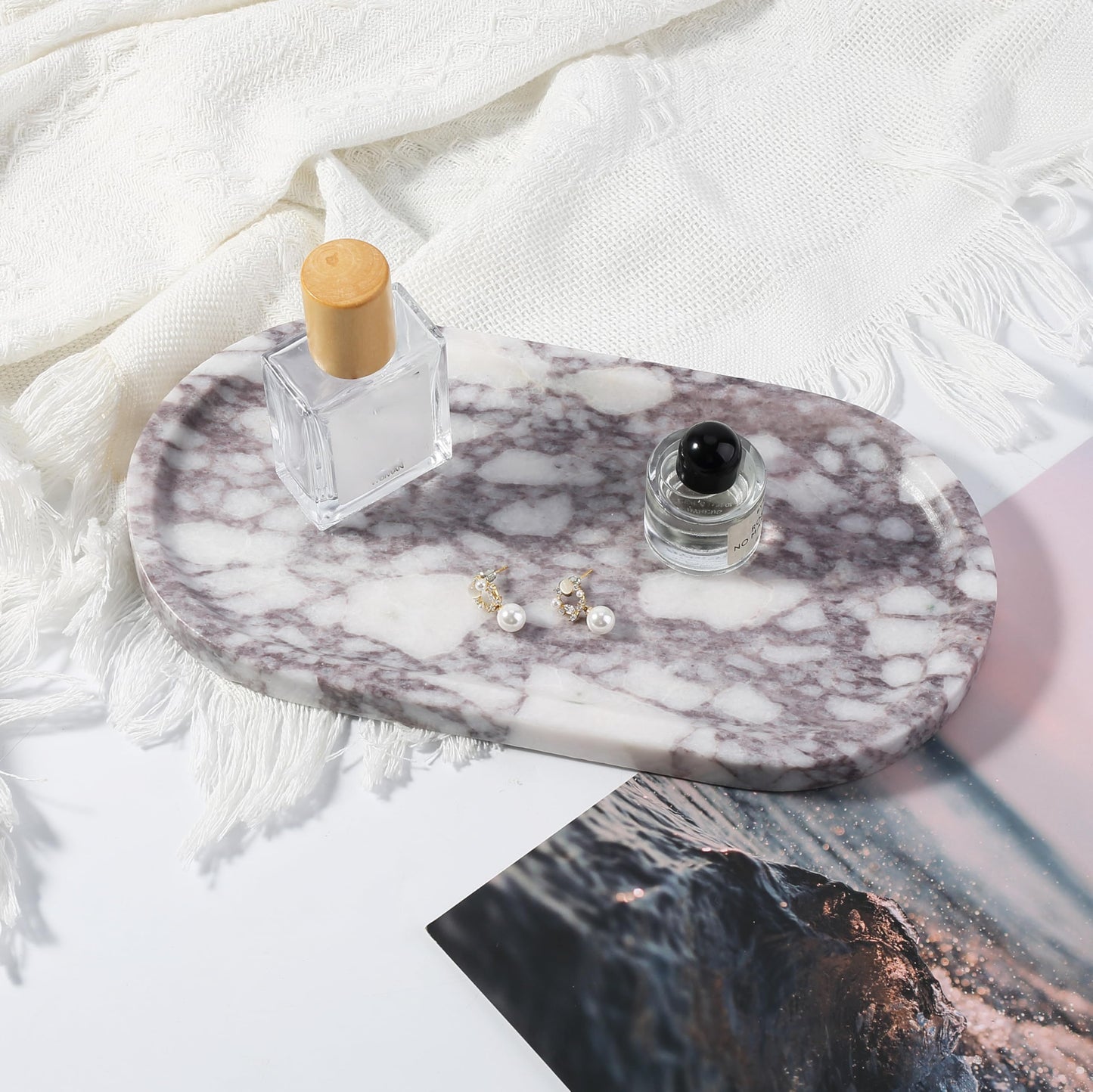 Koville Real Luxurious Natural Marble Vanity Tray, 10"x5" Calacatta Viola Marble Catchall Tray for Bathroom, Stone Perfume Trays Jewelry Dish for Dresser, Genuine Stone Storage Tray for Home Decor