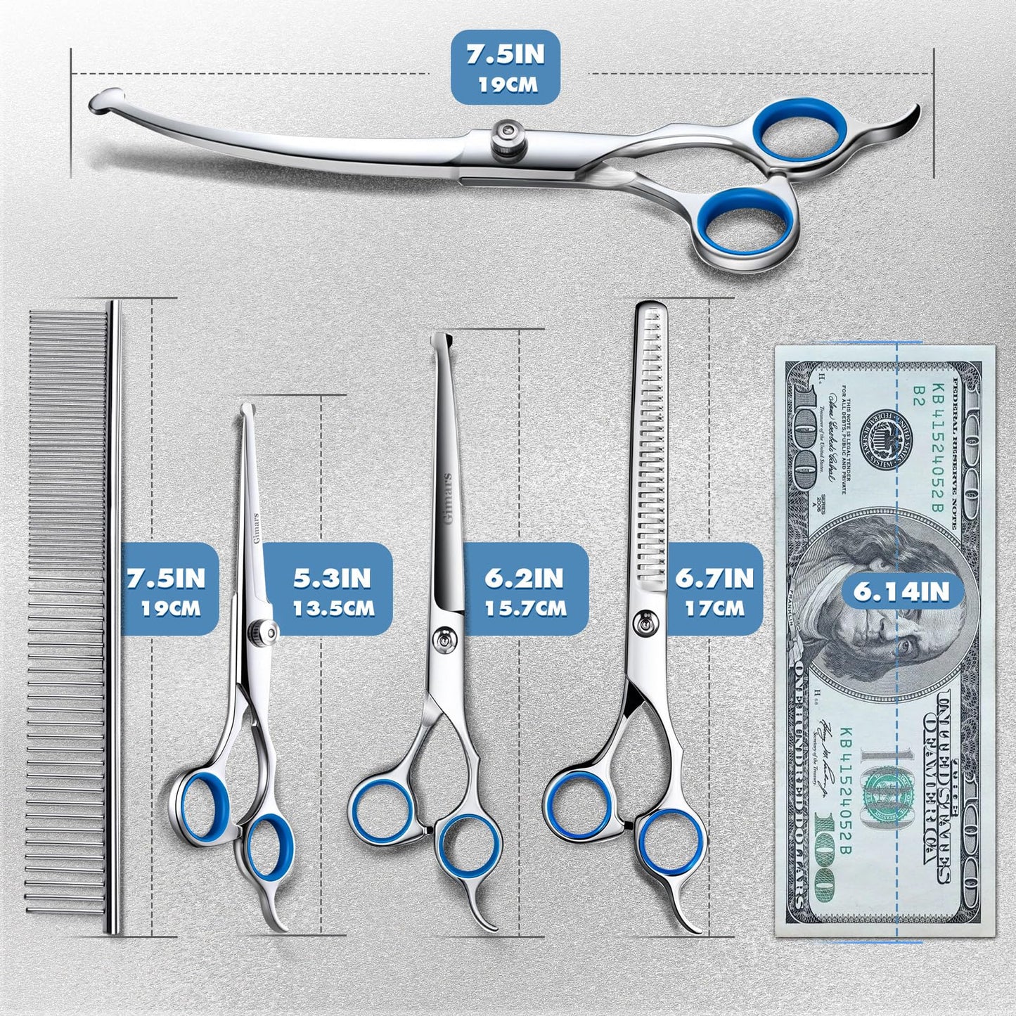 Gimars Titanium Coated Professional 6 in 1 4CR Stainless Steel Dog Grooming Scissors with Safety Round Tip, Heavy Duty Pet Grooming Scissor for Dogs, Cats and Other Animals