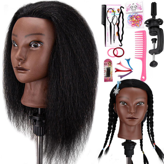 16 Inch 100% Real Hair Mannequin Head Training Head Cosmetology Manikin Doll Head For Hairdresser Practice Braiding Hair styling with Free Clamp Holder