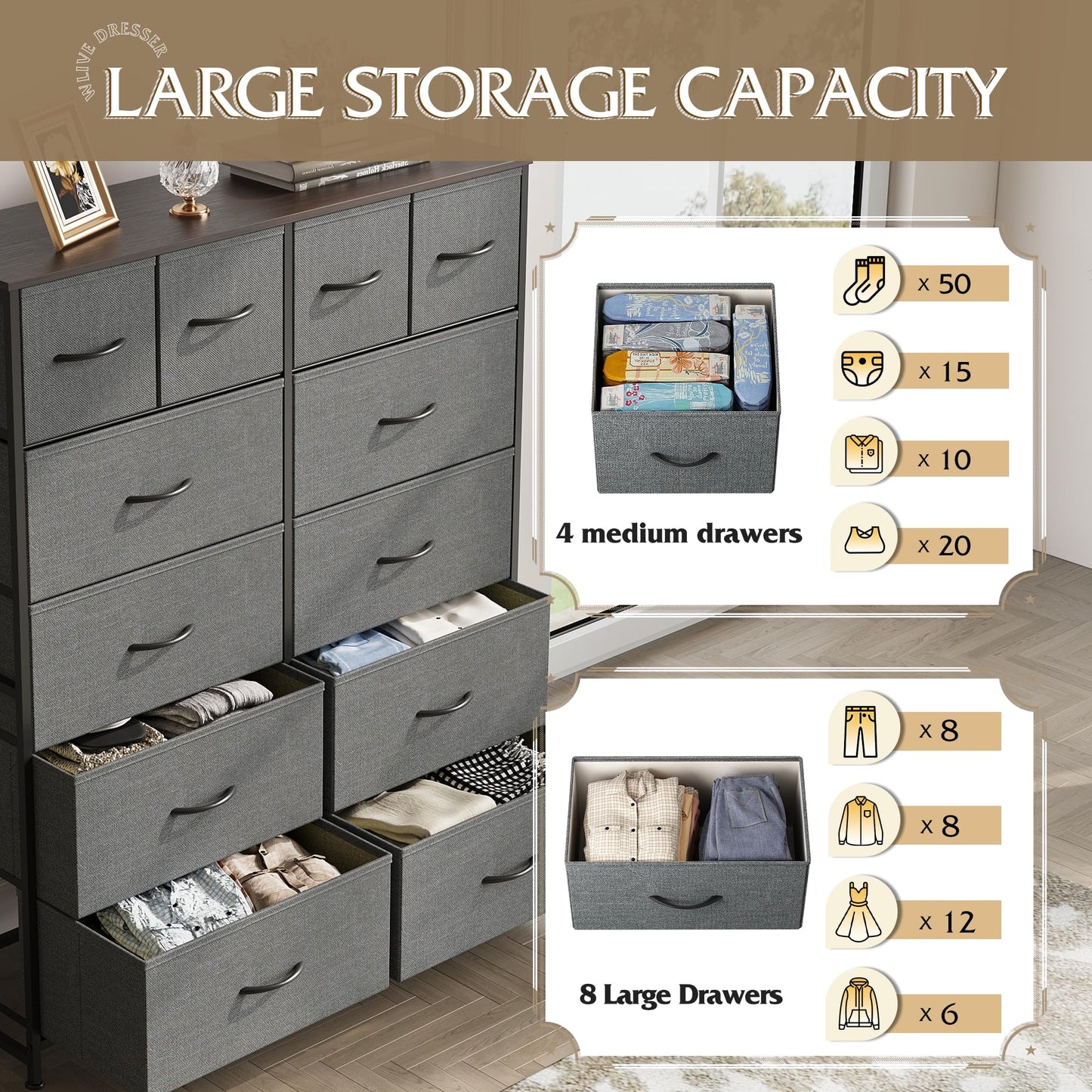 WLIVE Tall Dresser for Bedroom with 12 Drawers, Chests of Drawers, Fabric Dressers for Closet, Living Room, Storage Dresser Organizer with Wood Top, Steel Frame, Dark Grey