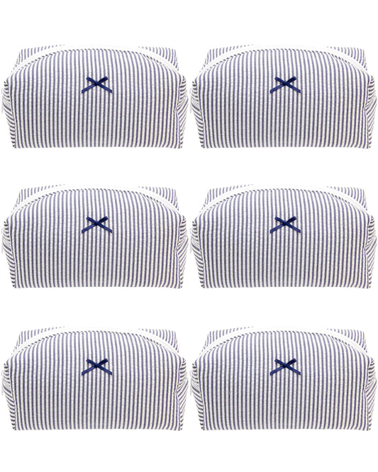 PAZIMIIK 6PCS Cozy Makeup Bag Small Aesthetic Travel Zipper Cosmetic Pouch for Women Make Up Beauty Accessories Brushes, Stripe Navy Blue
