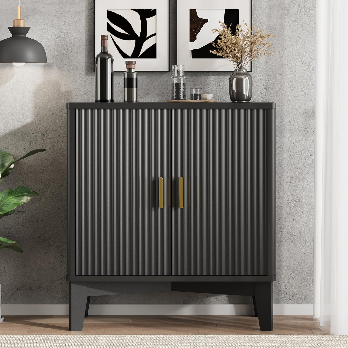 Xixini Fluted Buffet Sideboard Cabinet with Storage, 30" Mid Century Modern Coffee Wine Bar with Adjustable Shelves, Wood Small Buffet Table with 2 Doors for Kitchen, Dining Room, Living Room, Black
